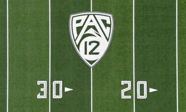 Pictured is the Pac-12 Conference logo on the Autzen Stadium football field at the University of Oregon.