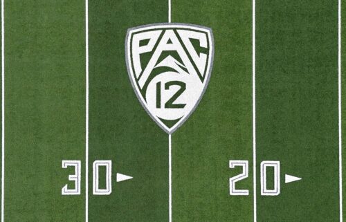 Pictured is the Pac-12 Conference logo on the Autzen Stadium football field at the University of Oregon.