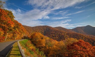 An autumn blaze of color emerges from the mountainside of the Blue Ridge Parkway in North Carolina.