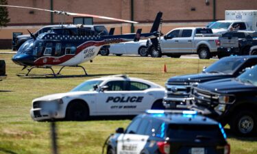 A medical helicopter is seen in front of Apalachee High School after a shooting at the school in Winder