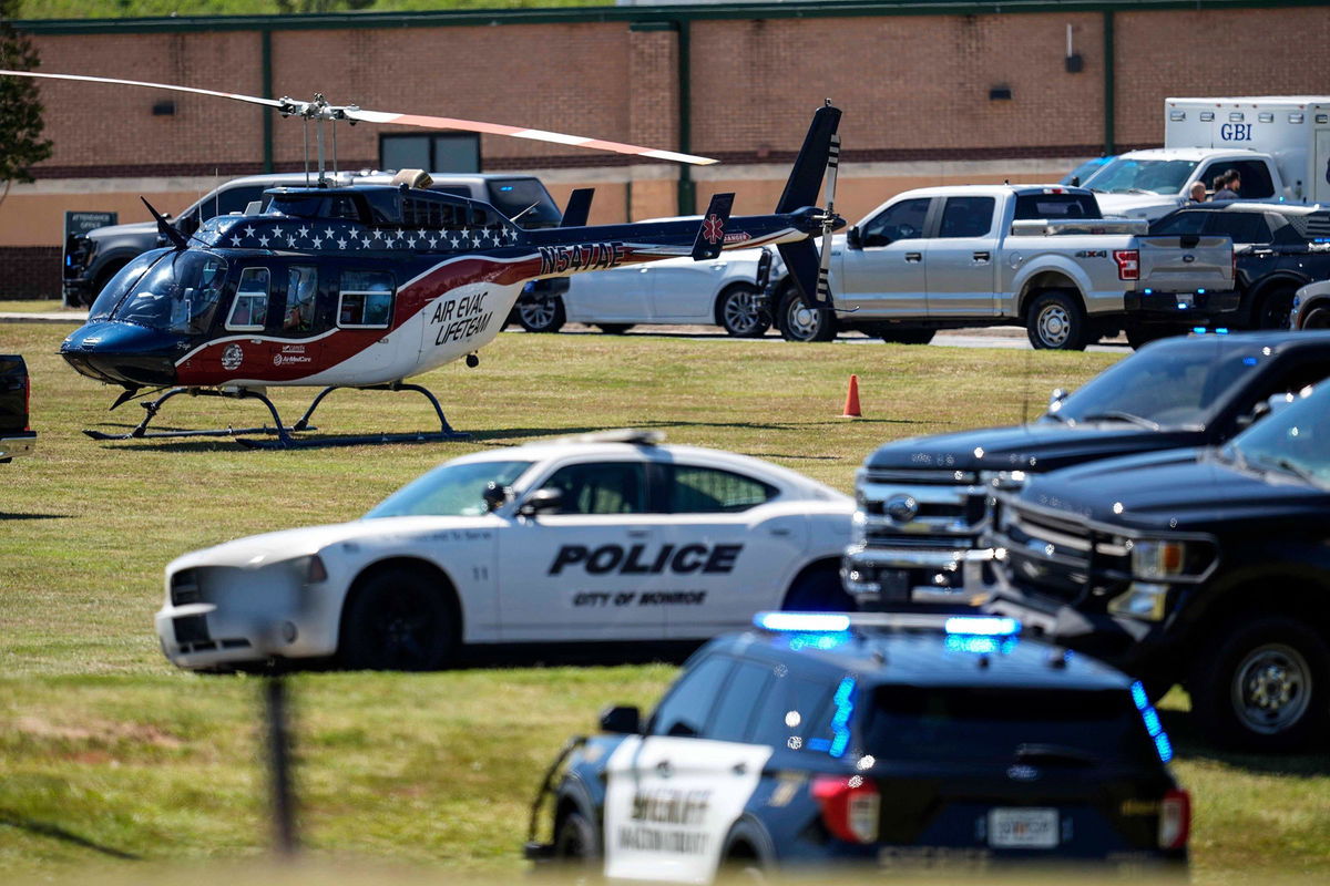 <i>Mike Stewart/AP via CNN Newsource</i><br/>A medical helicopter is seen in front of Apalachee High School after a shooting at the school in Winder