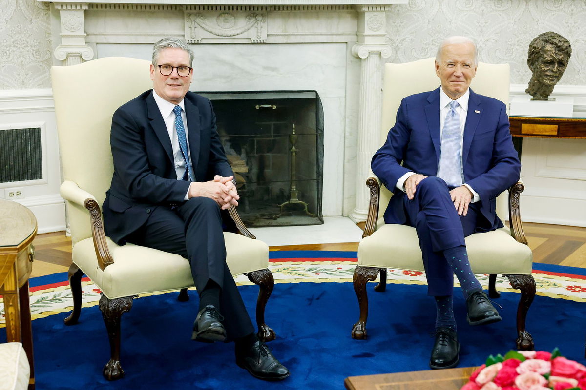 <i>Anna Moneymaker/Getty Images via CNN Newsource</i><br/>President Joe Biden and British Prime Minister Keir Starmer speak to reporters before participating in a bilateral meeting in the Oval Office of the White House on July 10.