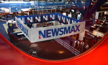 A Newsmax booth broadcasts at the National Rifle Association annual convention in Houston on May 29