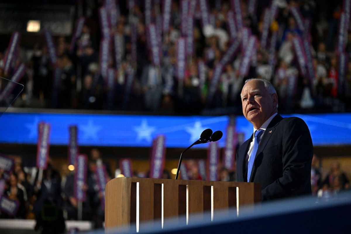 <i>Rebecca Wright/CNN via CNN Newsource</i><br/>Democratic vice presidential nominee Minnesota Gov. Tim Walz speaks at the United Center during the Democratic National Convention in Chicago