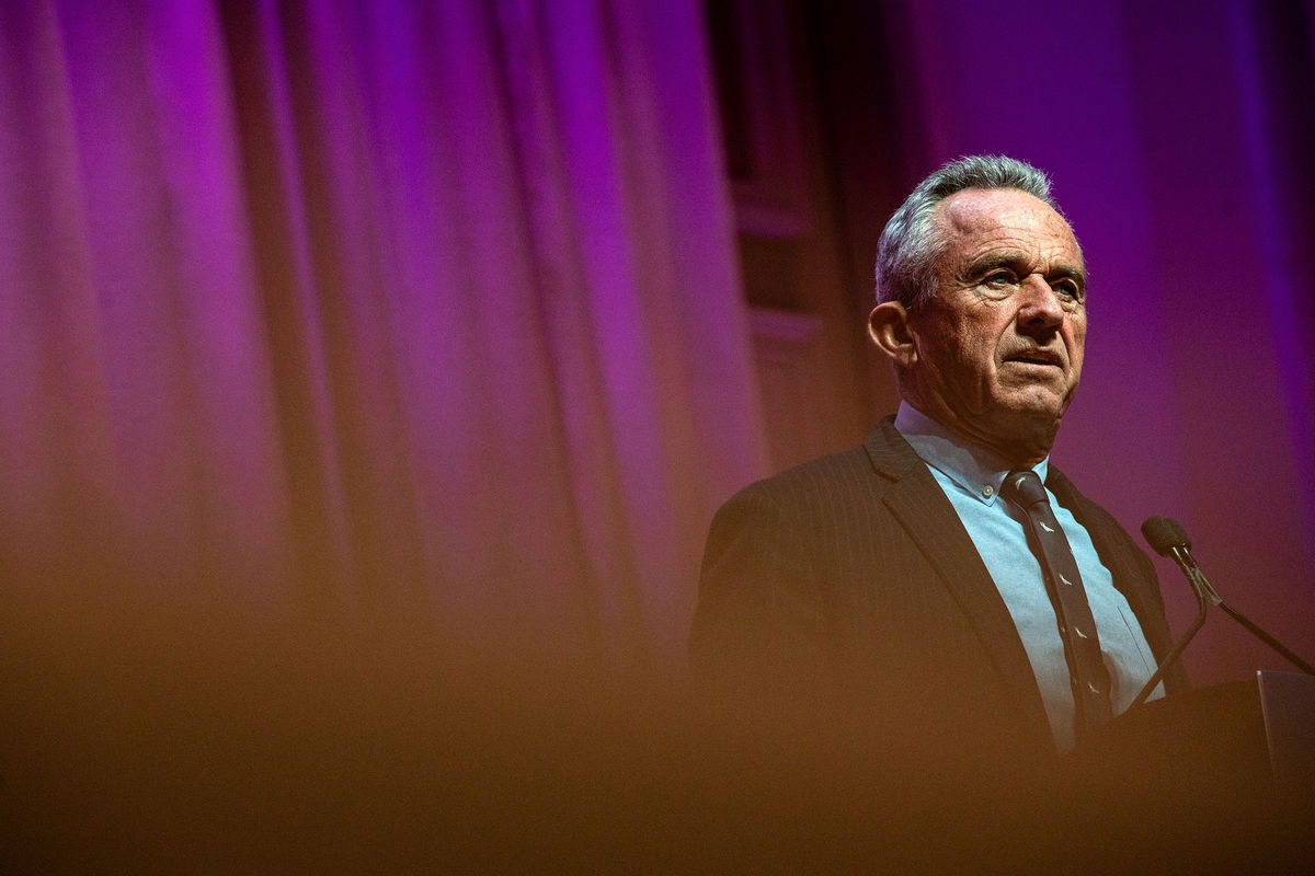 <i>Emily Elconin/Getty Images via CNN Newsource</i><br/>Independent presidential candidate Robert F. Kennedy Jr. speaks during a voter rally at St. Cecilia Music Center on February 10