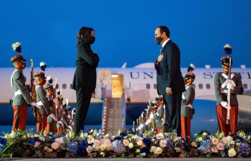 Harris and Guatemala's Minister of Foreign Affairs Pedro Brolo face each other upon arrival at the Aeropuerto Internacional La Aurora in Guatemala City in June 2021.