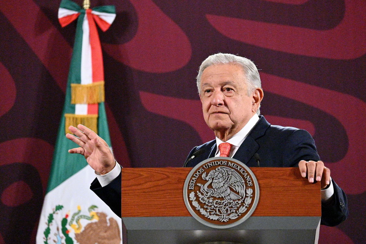 <i>Juan Abundis/ObturadorMX/Getty Images via CNN Newsource</i><br/>Mexico's President Andres Manuel Lopez Obrador speaks during the daily morning briefing at Palacio Nacional on August 29 in Mexico City