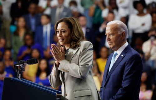 Vice President Kamala Harris gives remarks alongside President Joe Biden at Prince George’s Community College on August 15