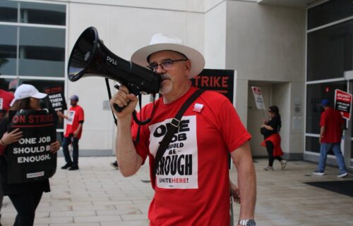 Hotel workers on strike at the Hilton San Diego Bayfront on September 4.