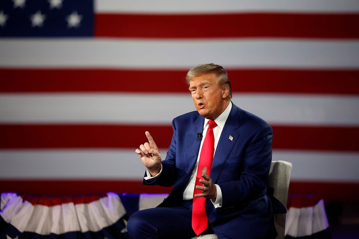 <i>Kevin Dietsch/Getty Images via CNN Newsource</i><br/>Republican presidential nominee former President Donald Trump participates in a Fox News Town Hall with Sean Hannity at the New Holland Arena on September 4