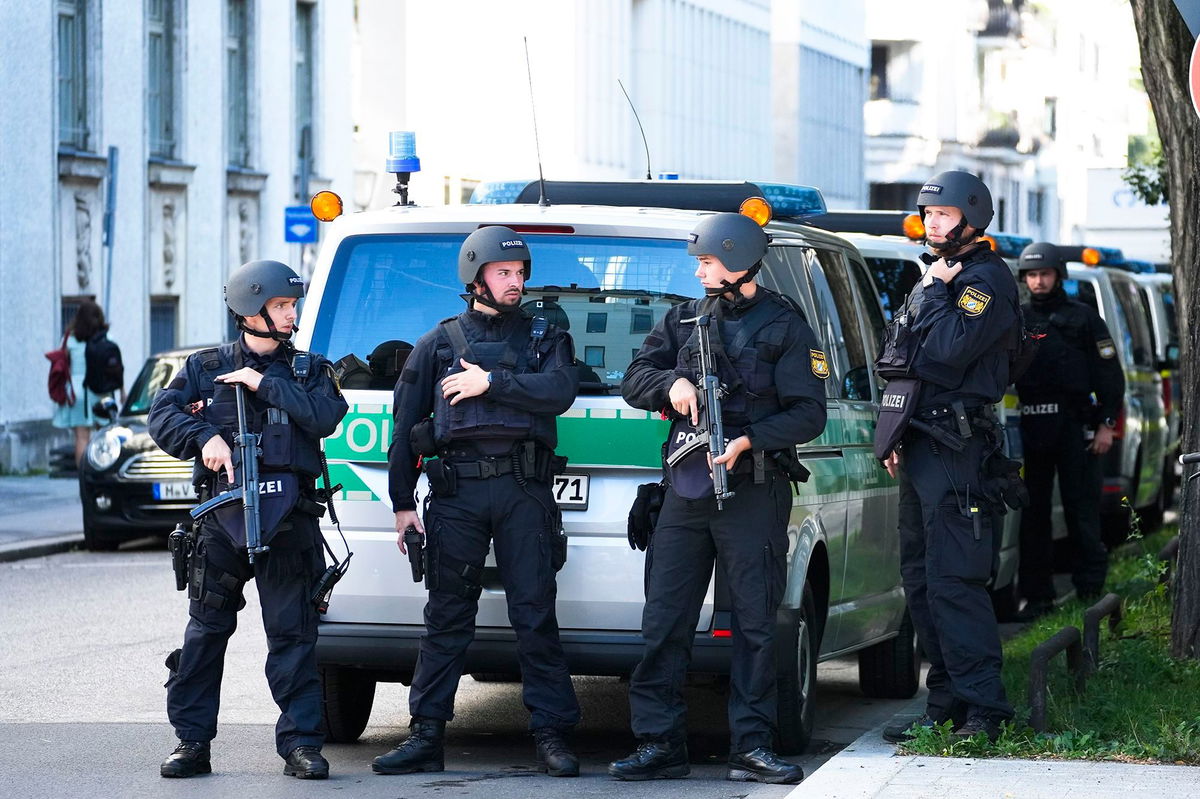 <i>Matthias Schrader/AP via CNN Newsource</i><br/>Police officers patrol in central Munich after shooting dead a male suspect near the Israeli Consulate on September 5.