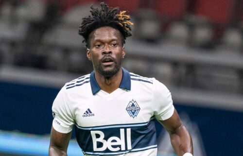 Tosaint Ricketts plays for the Vancouver Whitecaps against Toronto FC in September 2020.