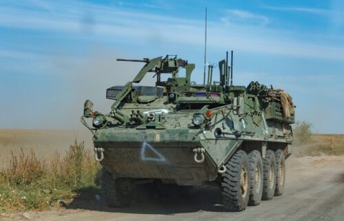 А fighting vehicle Stryker drives down the street on August 30