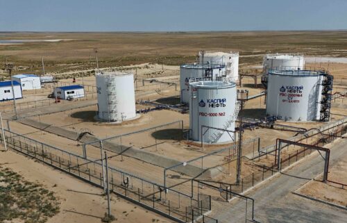 Organization of the Petroleum Exporting Countries and its allies — the coalition of the world’s top oil producers known as OPEC+ says it is extending oil production cuts once again as crude and fuel prices continue to slump and seen here a drone view shows tanks at the Airankol oil field operated by Caspiy Neft in the Atyrau Region