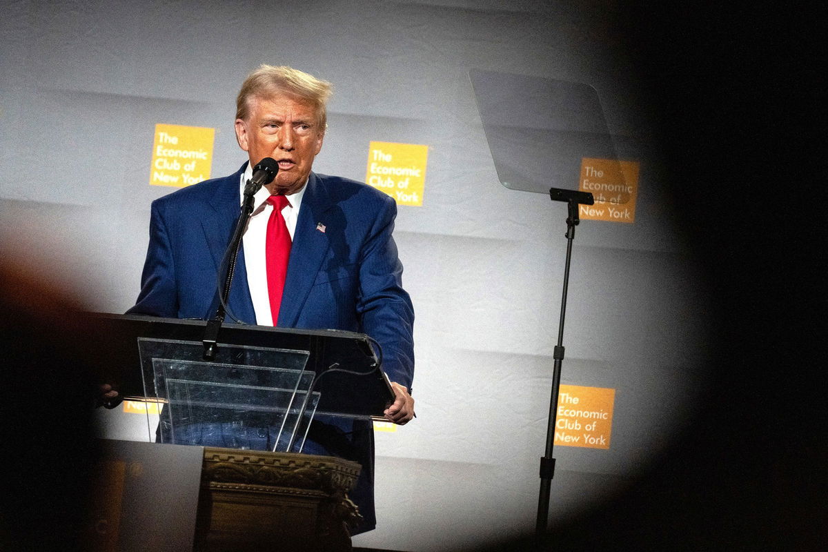 <i>David Dee Delgado/AFP/Getty Images via CNN Newsource</i><br/>Former President and Republican presidential candidate Donald Trump speaks at the Economic Club of New York on September 5