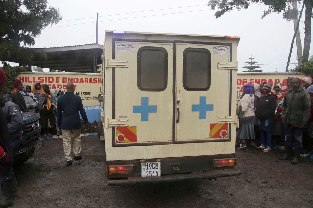 <i>AP via CNN Newsource</i><br/>An ambulance arrives at the Hillside Endarasha Primary school following the deadly fire on Sep. 6.