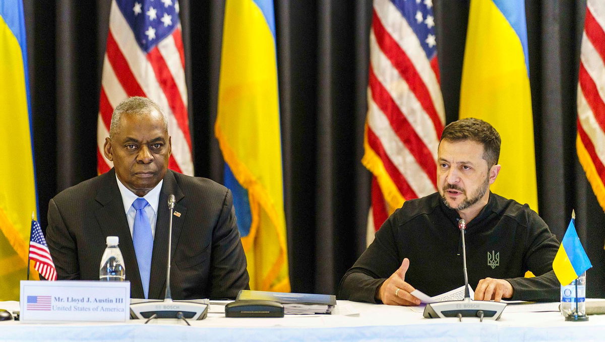 <i>Andreas Arnold/picture alliance/Getty Images via CNN Newsource</i><br/>Volodymyr Zelenskyy sounds alarm on air defense shortfall as US announces more military aid and seen here is US Secretary of Defense Lloyd Austin at a meeting.