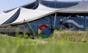 The logo of Google is seen outside Google Bay View facilities during the Made by Google event in Mountain View