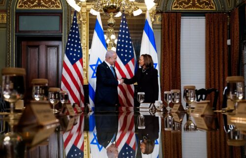 U.S. Vice President Kamala Harris meets with Israeli Prime Minister Benjamin Netanyahu at the Eisenhower Executive Office Building on the White House grounds.