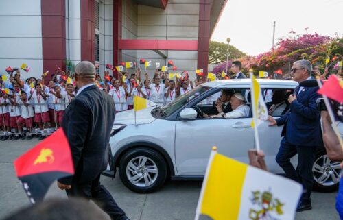 Pope Francis arrives at the Caritas Technical Secondary School in Port Moresby on September 7.