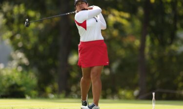 Lilia Vu of Team United States plays her shot from the fifth tee during the Sunday Singles matches during the final round of the Solheim Cup 2024 at Robert Trent Jones Golf Club on September 15