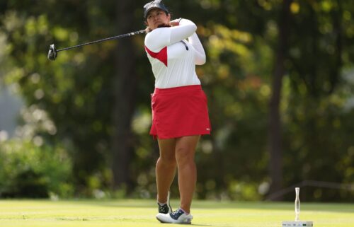 Lilia Vu of Team United States plays her shot from the fifth tee during the Sunday Singles matches during the final round of the Solheim Cup 2024 at Robert Trent Jones Golf Club on September 15