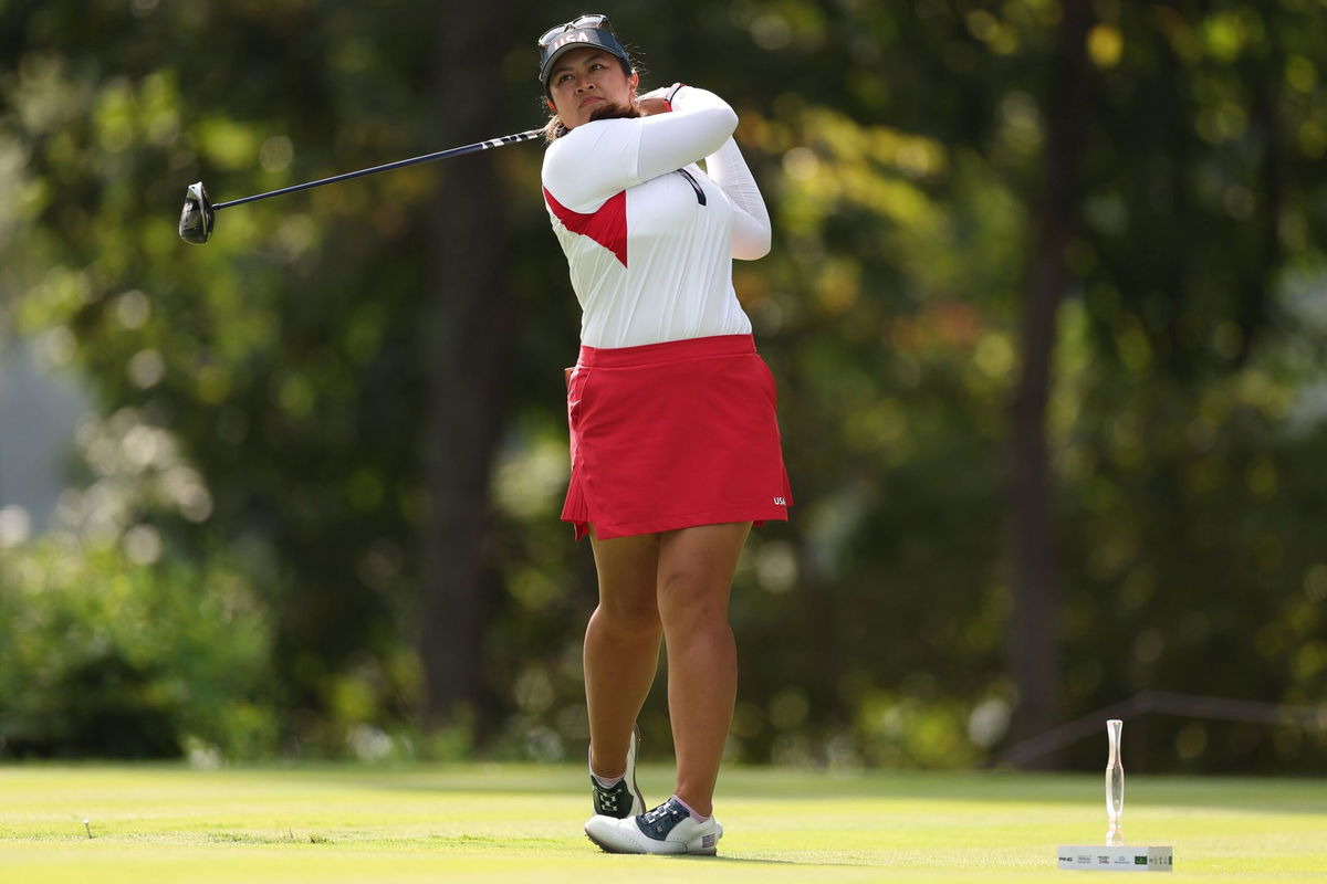 <i>Gregory Shamus/Getty Images via CNN Newsource</i><br/>Lilia Vu of Team United States plays her shot from the fifth tee during the Sunday Singles matches during the final round of the Solheim Cup 2024 at Robert Trent Jones Golf Club on September 15