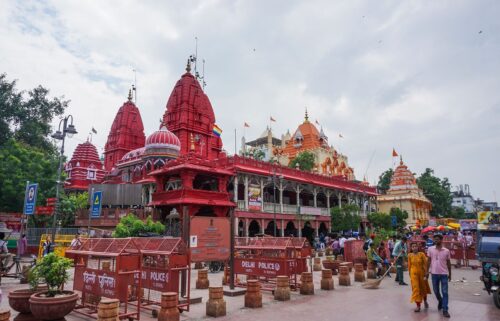 People come from miles away to pray at the Shri Digambar Jain Lal Temple (red) and the Hindu Gauri Shankar Temple (orange) at Chandni Chowk.