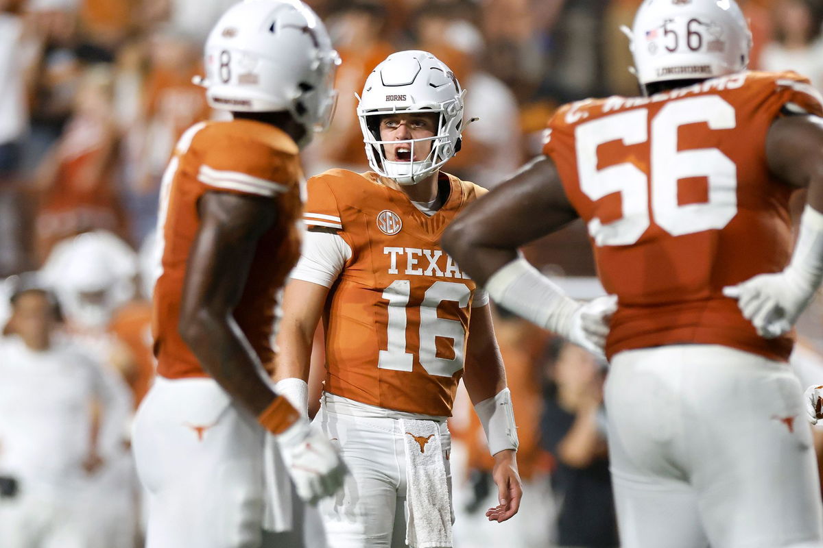 <i>Tim Warner/Getty Images via CNN Newsource</i><br/>Texas QB Arch Manning reacts against the UTSA Roadrunners at Darrell K Royal-Texas Memorial Stadium.