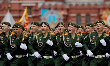 Russian troops march during the Victory Day military parade in Red Square in Moscow