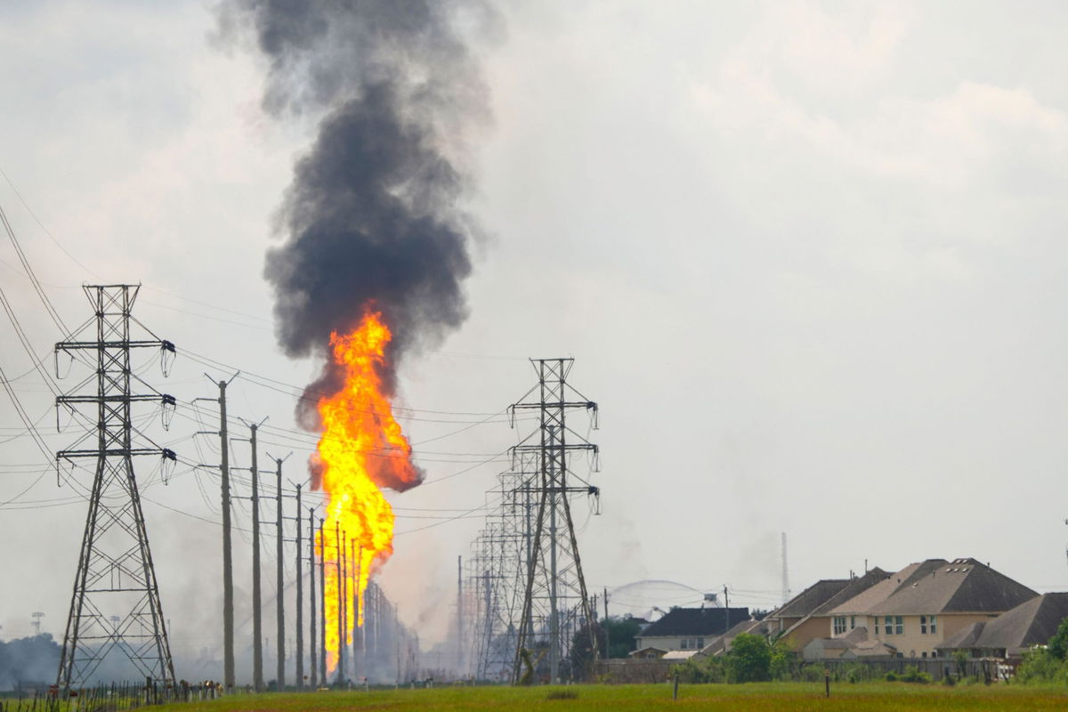 <i>Brett Coomer/Houston Chronicle/Getty Images via CNN Newsource</i><br/>Flames burn from a pipeline along Spencer Highway in La Porte on September 16.