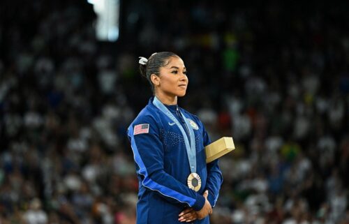 American gymnast Jordan Chiles poses during the women's floor exercise medal ceremony at the Paris 2024 Olympic Games.