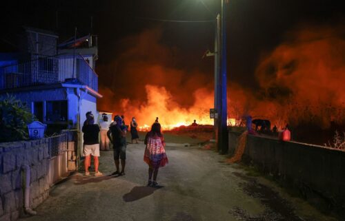 People watch a wildfire in Canas de Senhorim