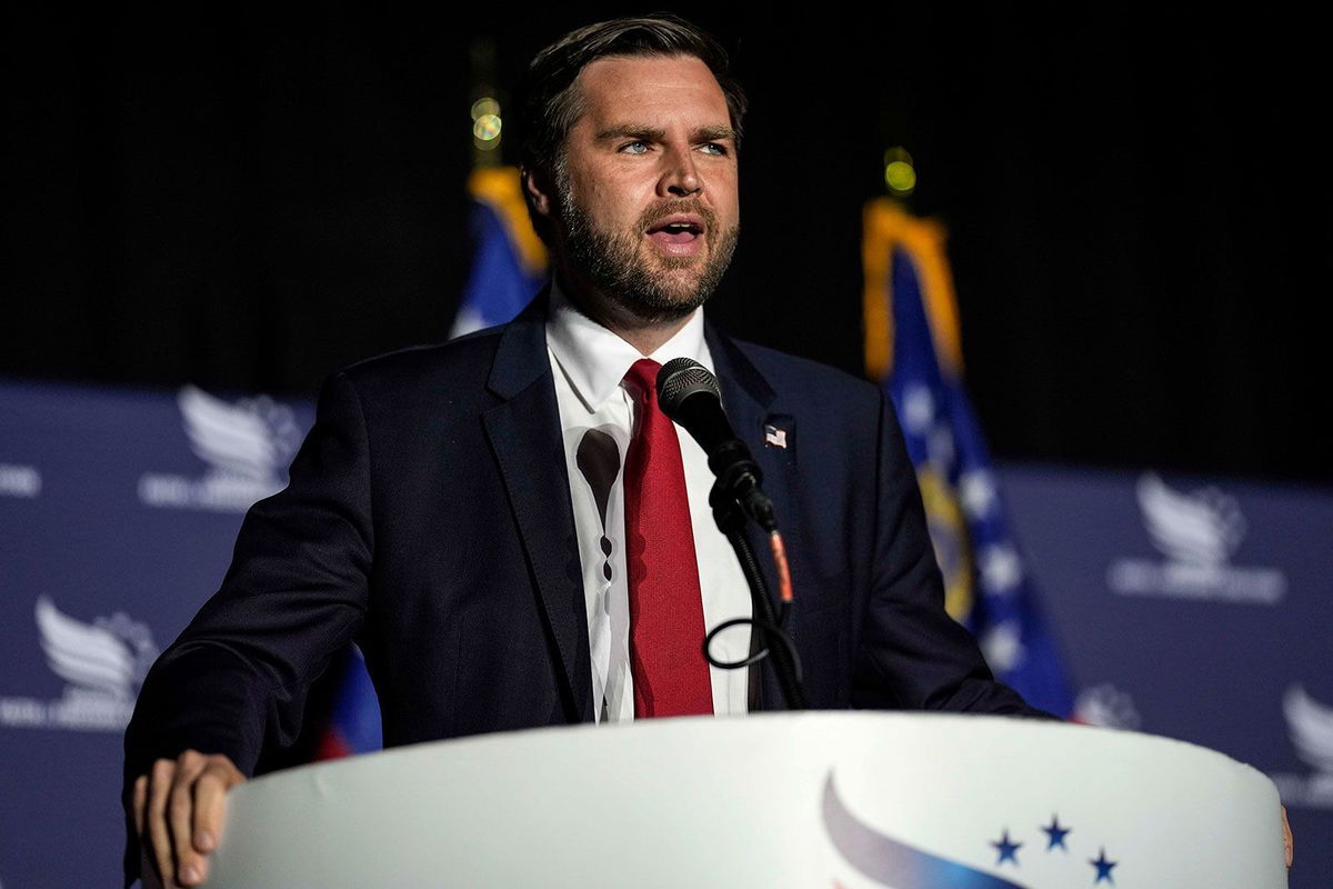 <i>Mike Stewart/AP via CNN Newsource</i><br/>Republican vice presidential nominee JD Vance speaks during the Georgia Faith and Freedom Coalition's dinner at the Cobb Galleria Centre on September 16 in Atlanta.