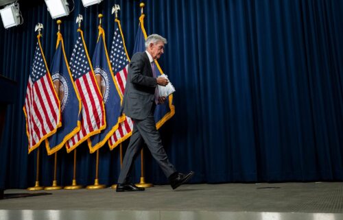 Federal Reserve Chair Jerome Powell departs after a press conference at the Federal Reserve in Washington