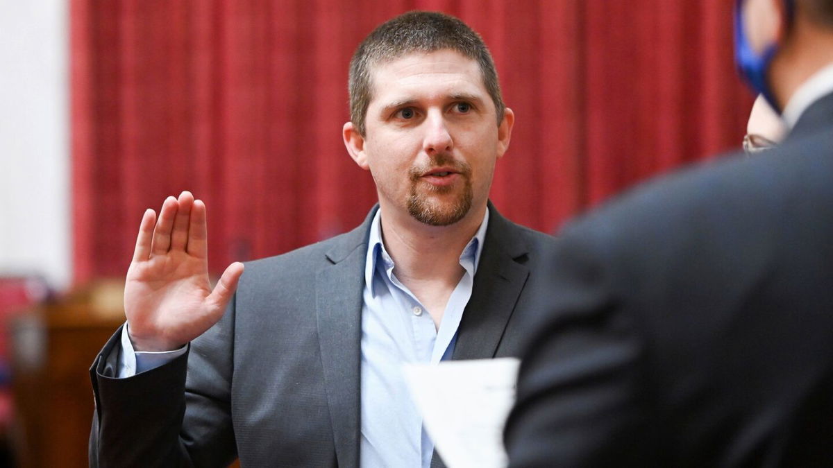 <i>Will Price/West Virginia Legislative Photography/AP via CNN Newsource</i><br/>Derrick Evans is pictured at a swearing-in ceremony to the West Virginia House of Delegates on December 1