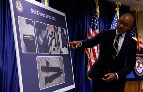 US Attorney Damian Williams pointed at a chart on September 17 showing the firearms seized during the search of Sean "Diddy" Combs' homes.