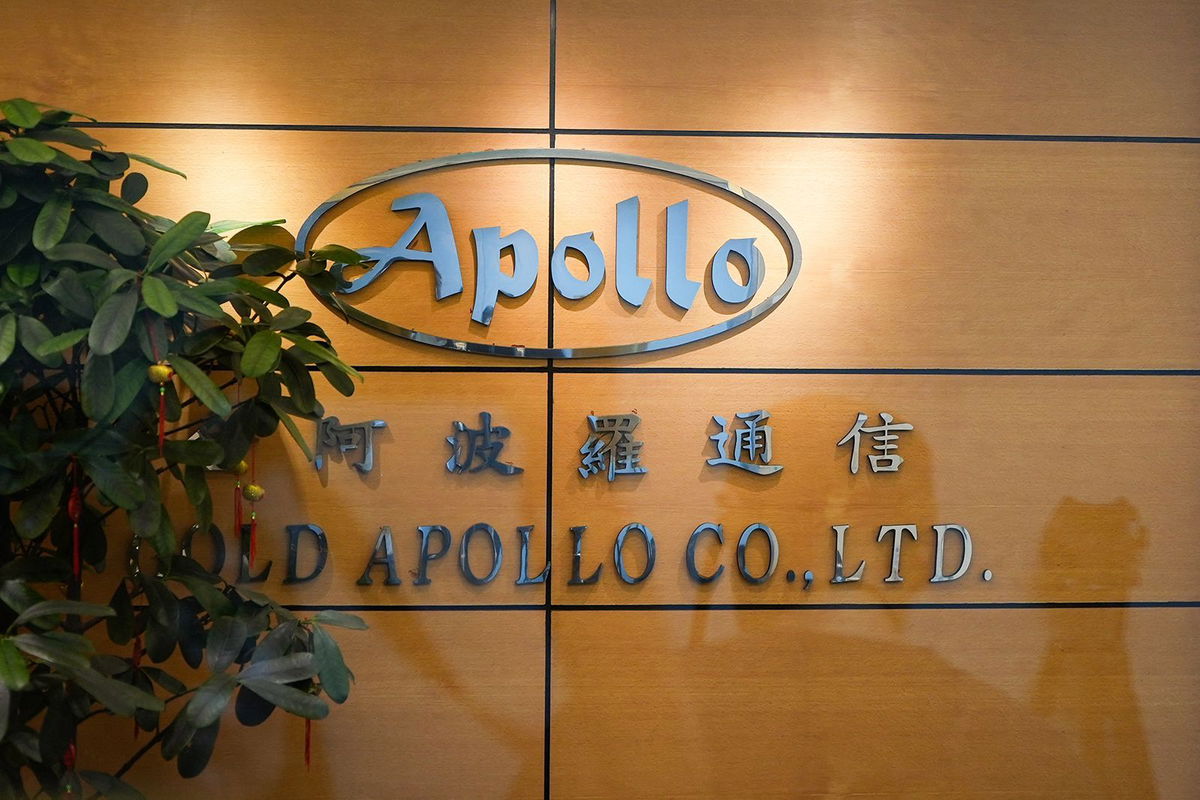 <i>Yan Zhao/AFP/Getty Images via CNN Newsource</i><br/>The logo of Taiwanese company Gold Apollo is seen outside its office in New Taipei City on September 18.