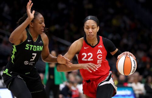 Las Vegas Aces superstar A'ja Wilson drives to the hoop against Nneka Ogwumike in the third quarter at Climate Pledge Arena.