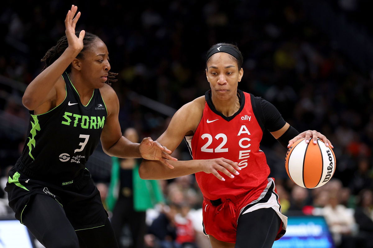 <i>Steph Chambers/Getty Images via CNN Newsource</i><br/>Las Vegas Aces superstar A'ja Wilson drives to the hoop against Nneka Ogwumike in the third quarter at Climate Pledge Arena.