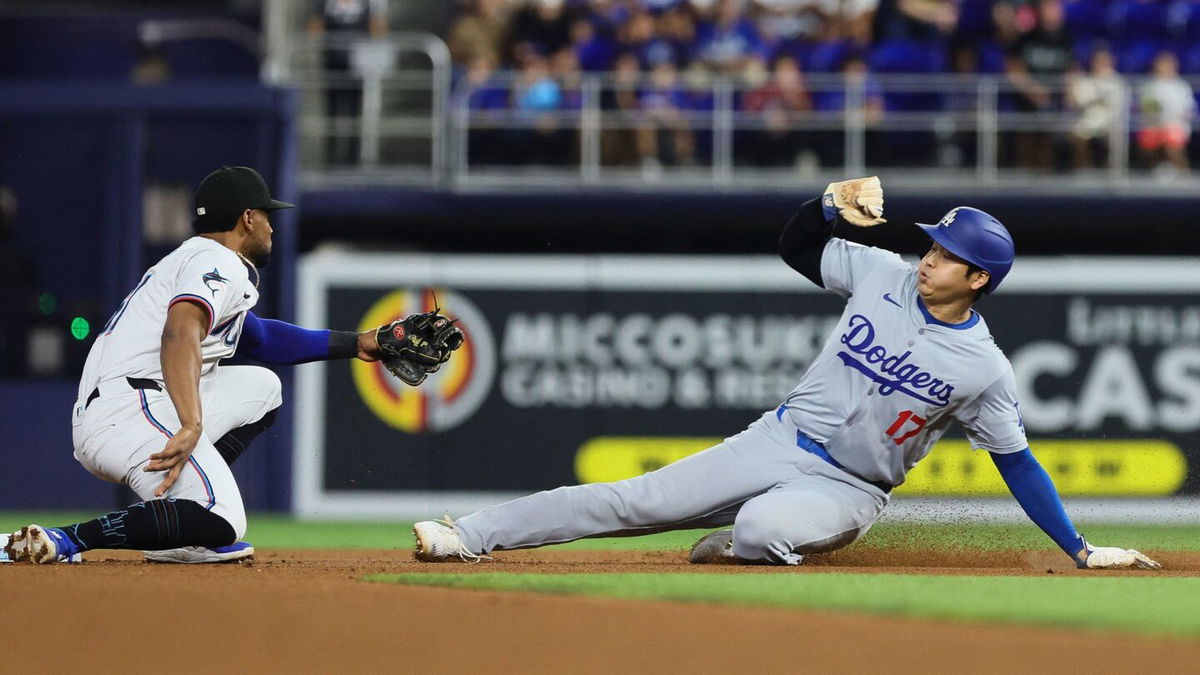 <i>Sam Navarro/USA TODAY Sports/Reuters via CNN Newsource</i><br/>Los Angeles Dodgers star Shohei Ohtani steals second base against the Miami Marlins during the first inning at loanDepot Park.