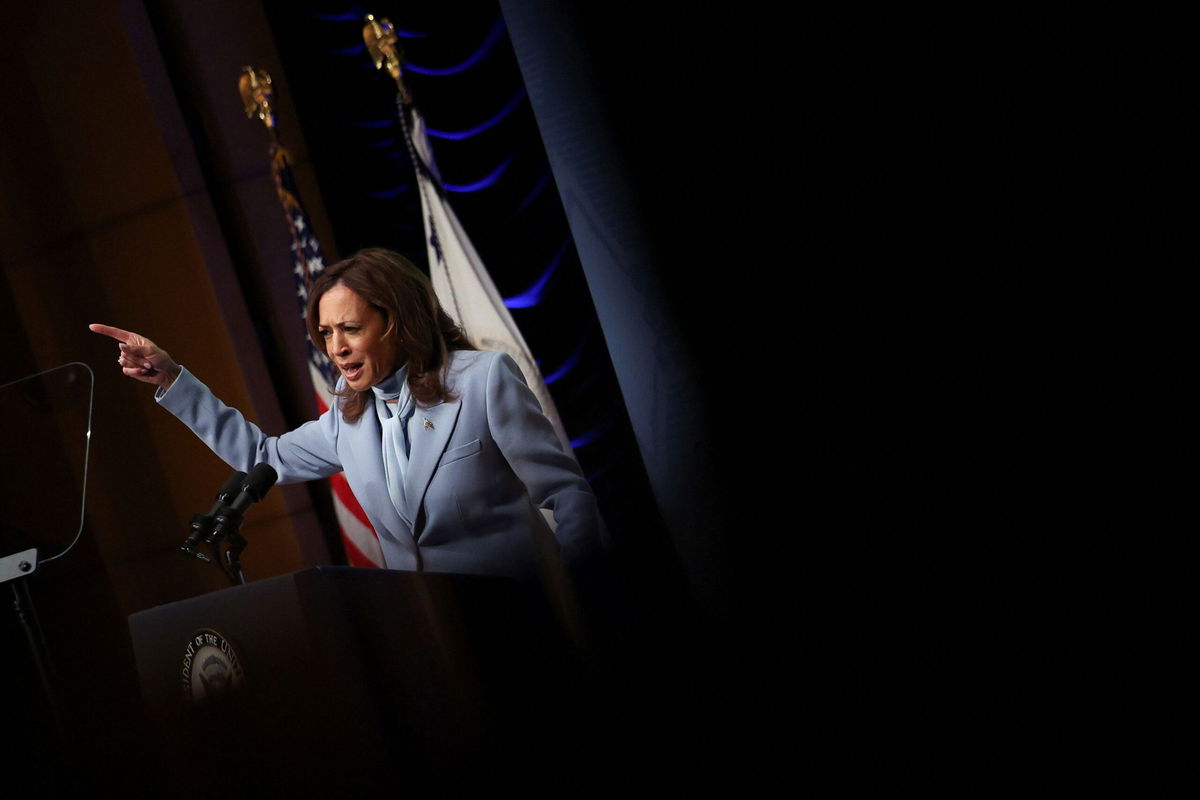 <i>Tom Brenner/Reuters via CNN Newsource</i><br/>Vice President Kamala Harris gestures as she addresses the Congressional Hispanic Caucus Institute's leadership conference in Washington