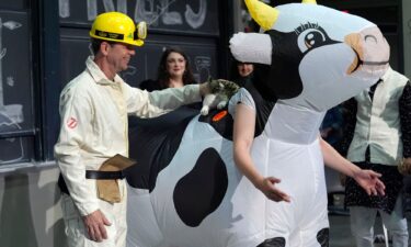 A performer illustrates an experiment that involved exploding a paper bag next to a cat that's standing on the back of a cow