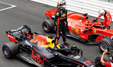 Ricciardo celebrates after taking victory in Monaco in 2018.