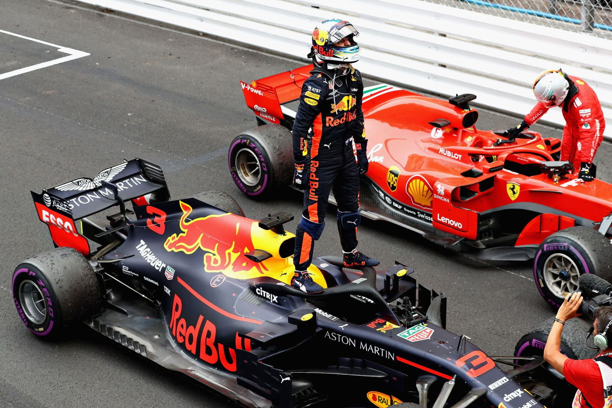 <i>Mark Thompson/Getty Images via CNN Newsource</i><br/>Ricciardo celebrates after taking victory in Monaco in 2018.