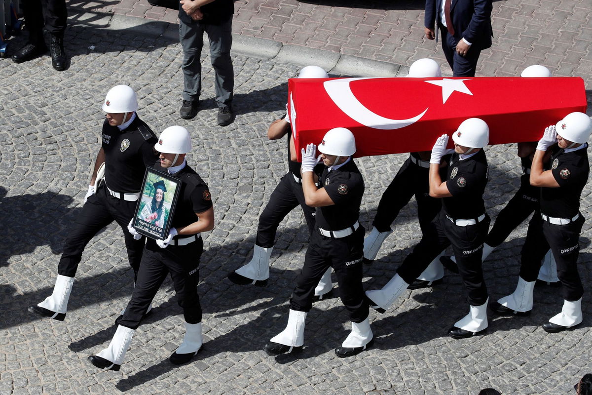 <i>Dilara Senkaya/Reuters via CNN Newsource</i><br/>A guard of honour carries the Turkish flag-draped coffin of Aysenur Ezgi Eygi during her funeral ceremony in Didim.