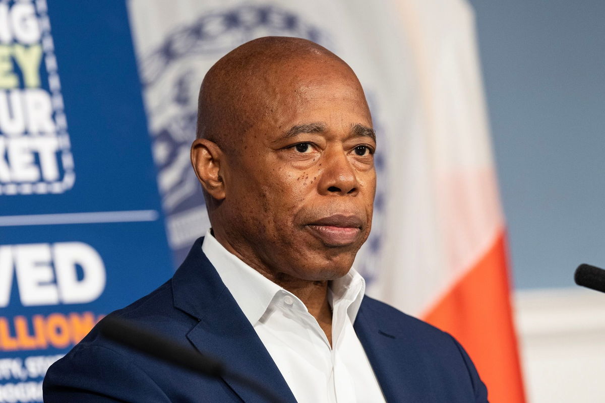 <i>Lev Radin/Pacific Press/LightRocket/Getty Images via CNN Newsource</i><br/>Mayor Eric Adams speaks at City Hall in New York City on August 27.