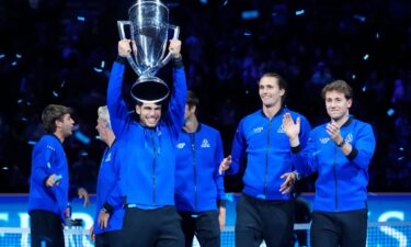 Carlos Alcaraz lifts the Laver Cup after Europe's victory.