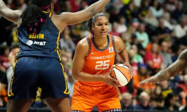 Connecticut Sun forward Alyssa Thomas looks for the open pass against the Indiana Fever in Game 1 of their first-round series at Mohegan Sun Arena.