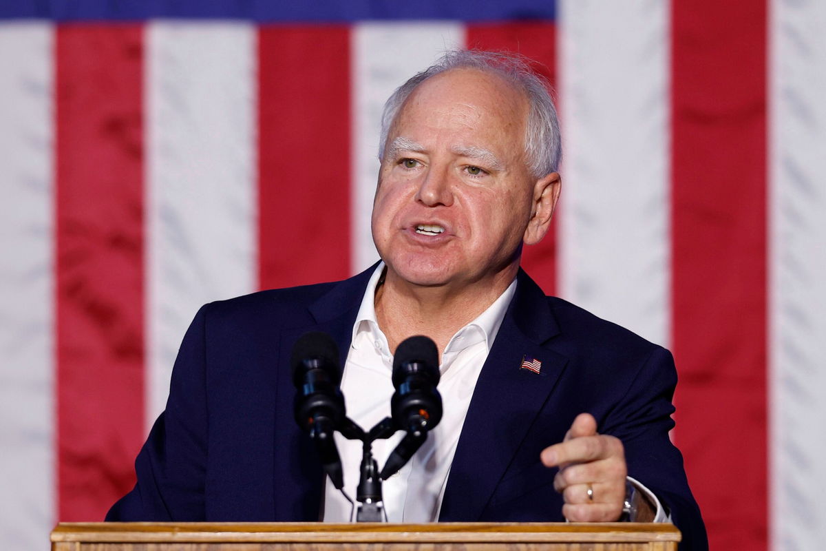 <i>Al Goldis/AP via CNN Newsource</i><br/>Democratic vice presidential candidate Minnesota Gov. Tim Walz speaks at a campaign event